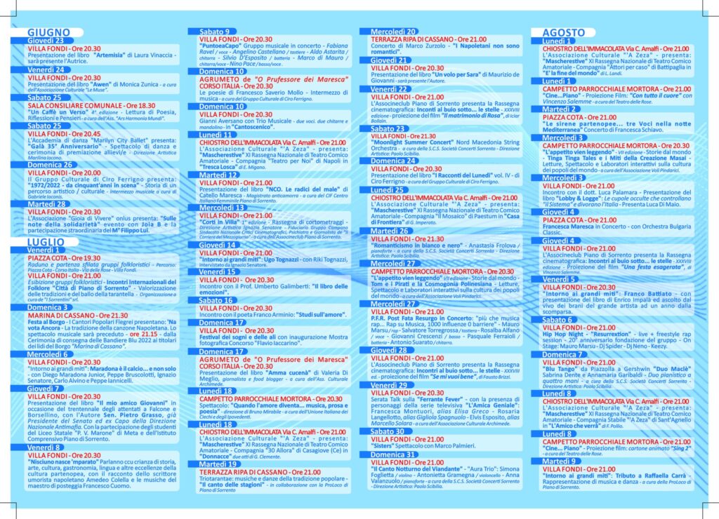 Eventi estate 2022 Piano di Sorrento Cosa Fare Estate Blu