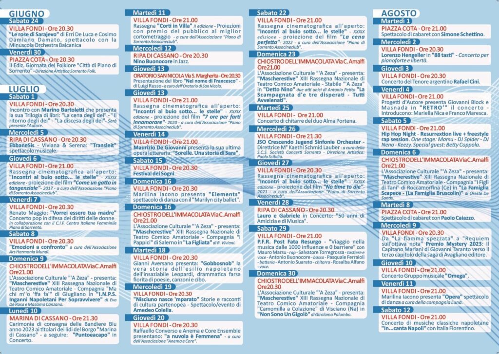 Programma eventi luglio agosto 2023 Piano di Sorrento