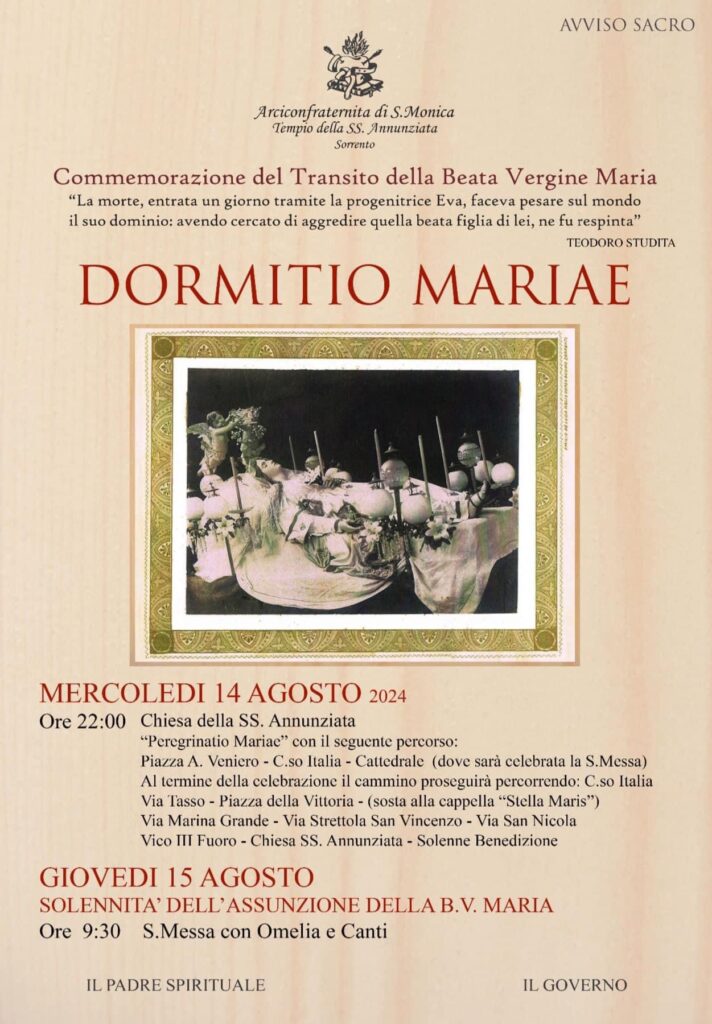 Dormitio Mariae processione madonna morta sorrento 14 agosto 2024 arciconfraternita santa monica programma about sorrento